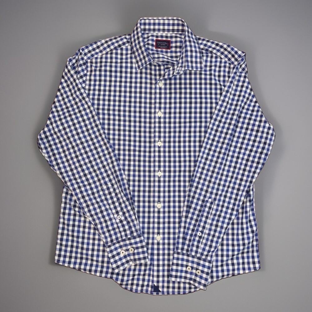 UNTUCKit Warren M Relaxed Fit Button-Up Mens Blue White Gingham Check Stretch